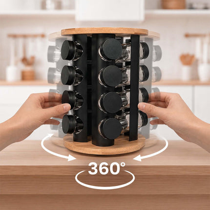 Rotating Spice Rack with 16 Glass Jars and Shaker Inserts, Bamboo, Black