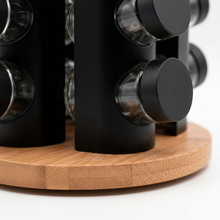 Rotating Spice Rack with 20 Glass Jars and Shaker Inserts, Bamboo, Black