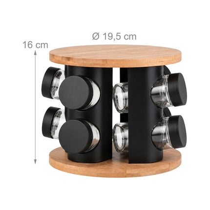 Rotating Spice Rack with 8 Glass Jars and Shaker Inserts, Bamboo, Black