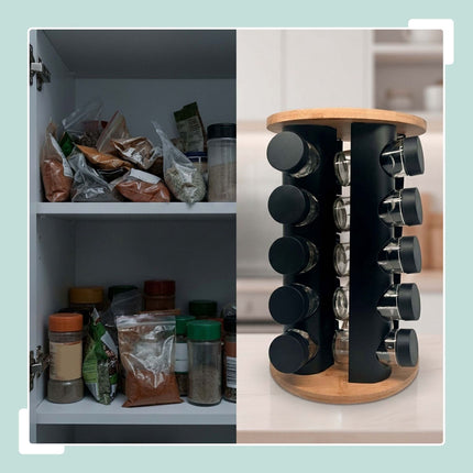 Rotating Spice Rack with 8 Glass Jars and Shaker Inserts, Bamboo, Black