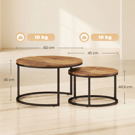 Set de măsuțe de cafea rotunde din 2 piese, cadru metalic, maro