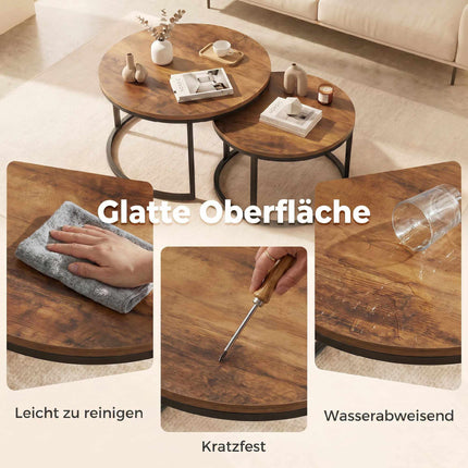 Set de măsuțe de cafea rotunde din 2 piese, cadru metalic, maro