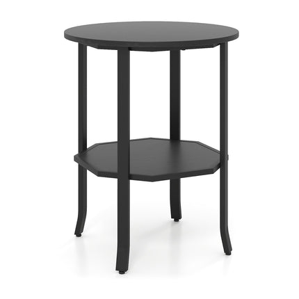 Masă laterală rotundă cu 2 niveluri și raft, metal negru