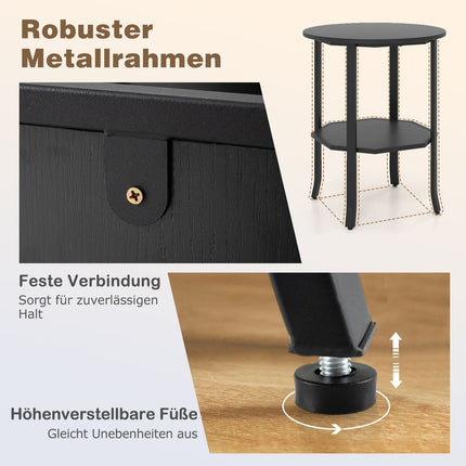 Masă laterală rotundă cu 2 niveluri și raft, metal negru