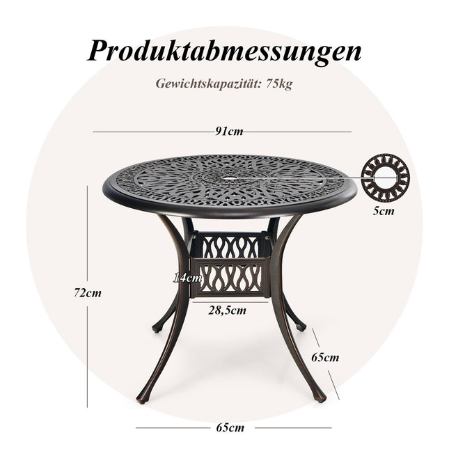 Masa rotunda din aluminiu pentru patio cu gaura pentru umbrela, 90 cm