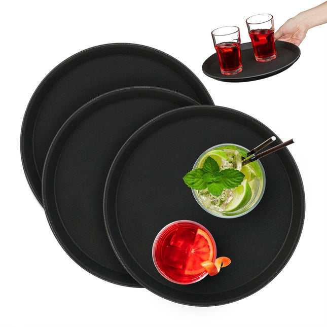 Set tăvi rotunde negre pentru servire, antiderapante, Ø28cm, pachet de 3