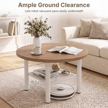 Round Coffee Table 2-Tier with Storage Shelf and Metal Frame, Natural & White