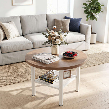 Round Coffee Table 2-Tier with Storage Shelf and Metal Frame, Natural & White