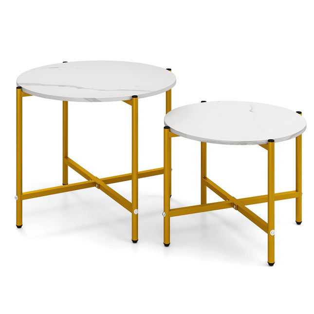 Set de măsuțe de cafea rotunde, stivuibile, cadru metalic, alb