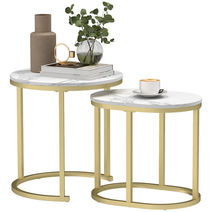 Masuta rotunda de cafea set de 2 masute laterale stivuibile cu cadru de otel, masa de living Masuta de cafea pentru living dormitor alb