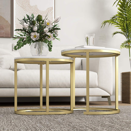 Masuta rotunda de cafea set de 2 masute laterale stivuibile cu cadru de otel, masa de living Masuta de cafea pentru living dormitor alb