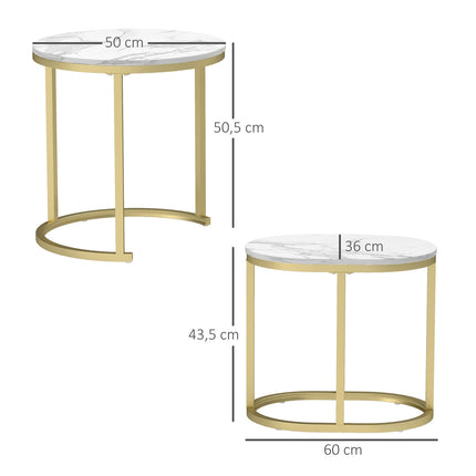 Masuta rotunda de cafea set de 2 masute laterale stivuibile cu cadru de otel, masa de living Masuta de cafea pentru living dormitor alb