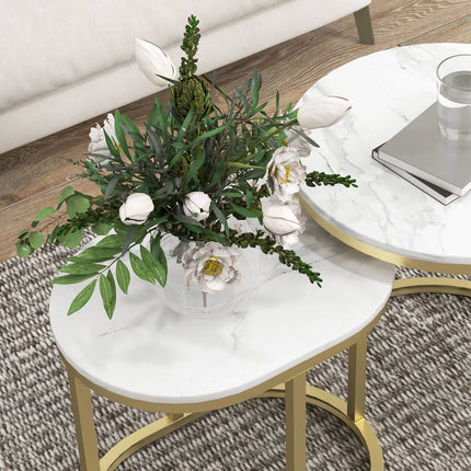 Masuta rotunda de cafea set de 2 masute laterale stivuibile cu cadru de otel, masa de living Masuta de cafea pentru living dormitor alb