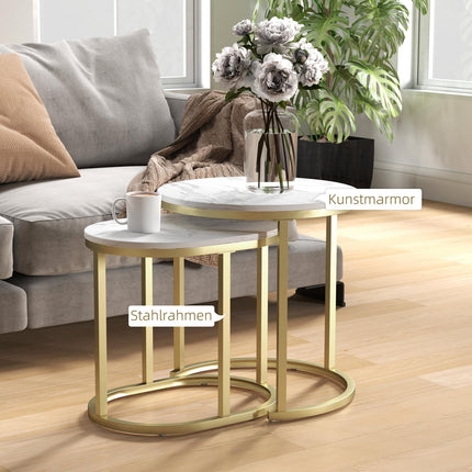 Masuta rotunda de cafea set de 2 masute laterale stivuibile cu cadru de otel, masa de living Masuta de cafea pentru living dormitor alb