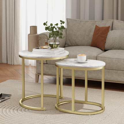 Masuta rotunda de cafea set de 2 masute laterale stivuibile cu cadru de otel, masa de living Masuta de cafea pentru living dormitor alb