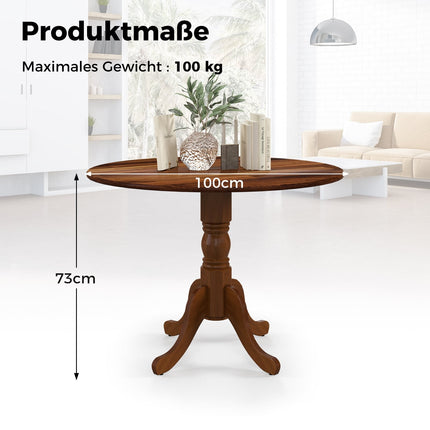 Masă rotundă, 100 cm, lemn de cauciuc, 4 locuri, nuc