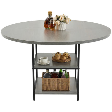 Round Dining Table, 47 Inch, Storage Shelf, Metal Legs, Grey