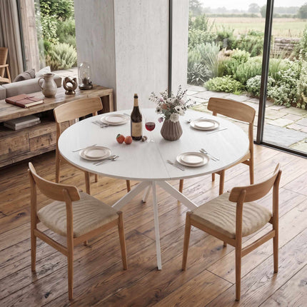 Round Dining Table for 4 People, Ø120 cm, White, X-Shaped Steel Legs
