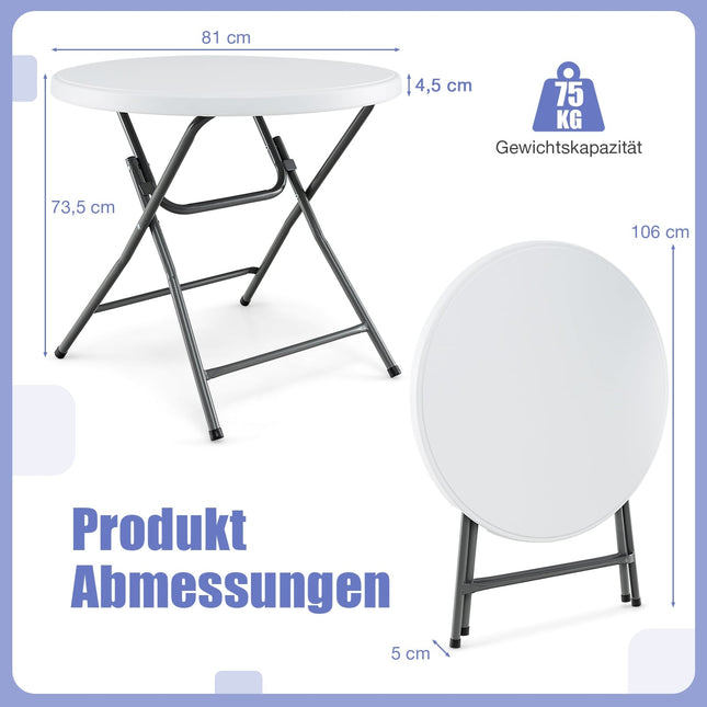 Masă rotundă pliabilă, 81 cm, HDPE rezistentă la intemperii, picioare metalice