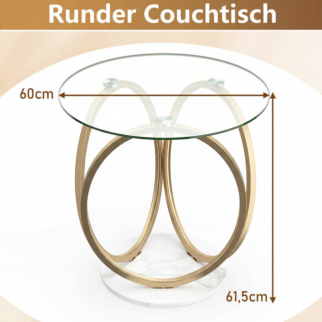 Masă de cafea rotundă din sticlă cu cadru metalic auriu