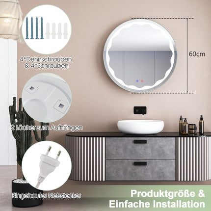 Oglindă rotundă pentru baie cu LED, 60 cm, anti-aburire, reglabilă intensitatea luminii