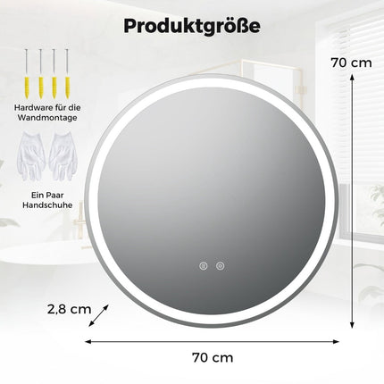 Oglindă rotundă pentru baie cu LED, 70 cm, luminozitate reglabilă