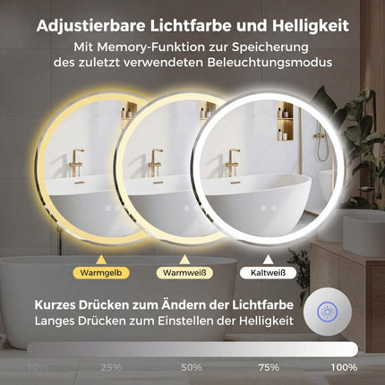 Oglindă rotundă pentru baie cu LED, 70 cm, luminozitate reglabilă