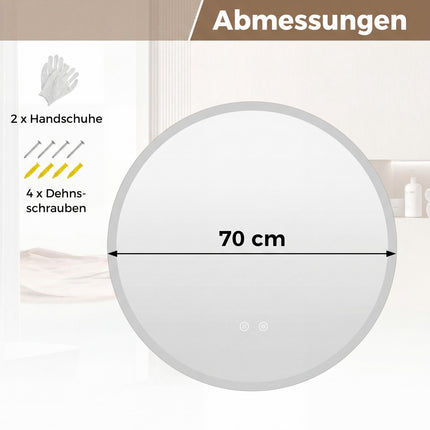 Oglindă rotundă pentru baie cu LED, 70 cm, anti-aburire, 3 culori de lumină