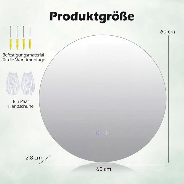 Oglindă rotundă pentru baie cu LED, luminozitate reglabilă și anti-aburire