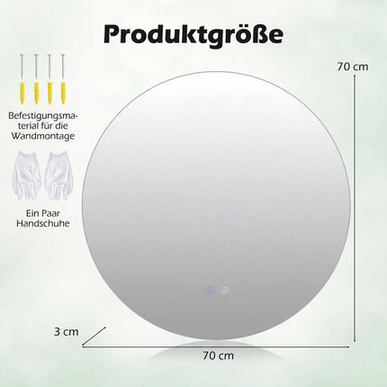 Oglindă rotundă de baie cu LED, anti-aburire și lumină reglabilă