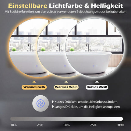 Oglindă rotundă de baie cu LED, anti-aburire și lumină reglabilă
