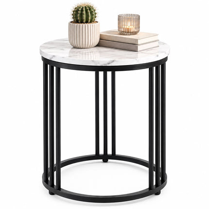 Round Marble-Effect Side Table with Metal Frame, 30 kg Load, White, Black