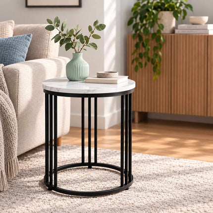 Round Marble-Effect Side Table with Metal Frame, 30 kg Load, White, Black