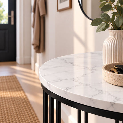 Round Marble-Effect Side Table with Metal Frame, 30 kg Load, White, Black