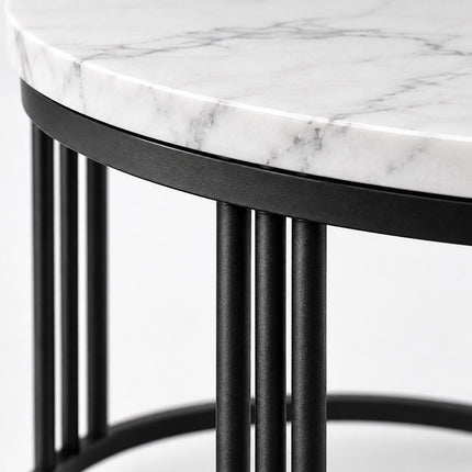 Round Marble-Effect Side Table with Metal Frame, 30 kg Load, White, Black