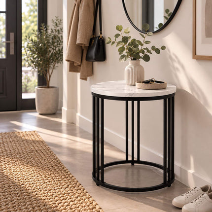 Round Marble-Effect Side Table with Metal Frame, 30 kg Load, White, Black