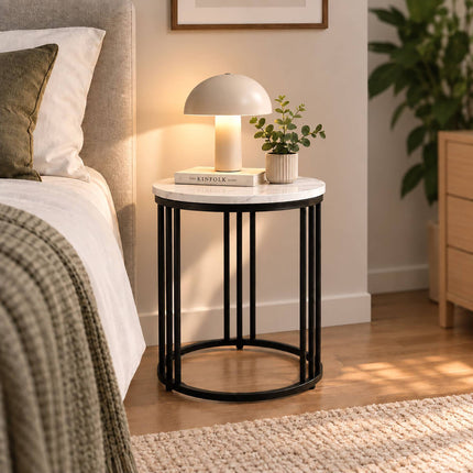 Round Marble-Effect Side Table with Metal Frame, 30 kg Load, White, Black