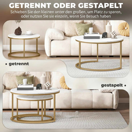 Round Nesting Coffee Tables Set of 2 with Marble-Look Tops, Gold Frame, White