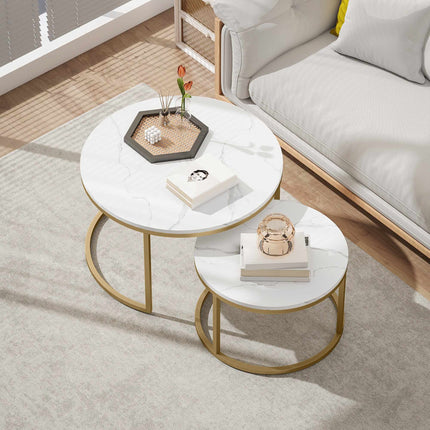 Round Nesting Coffee Tables Set of 2 with Marble-Look Tops, Gold Frame, White