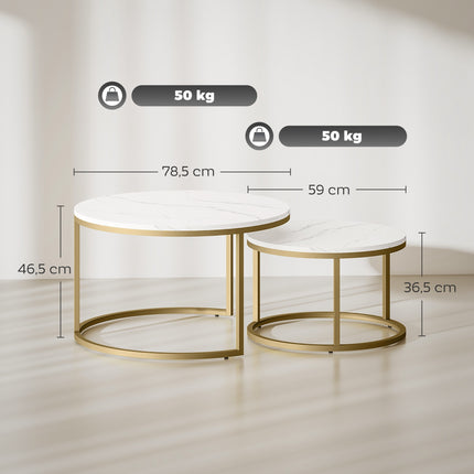 Round Nesting Coffee Tables Set of 2 with Marble-Look Tops, Gold Frame, White