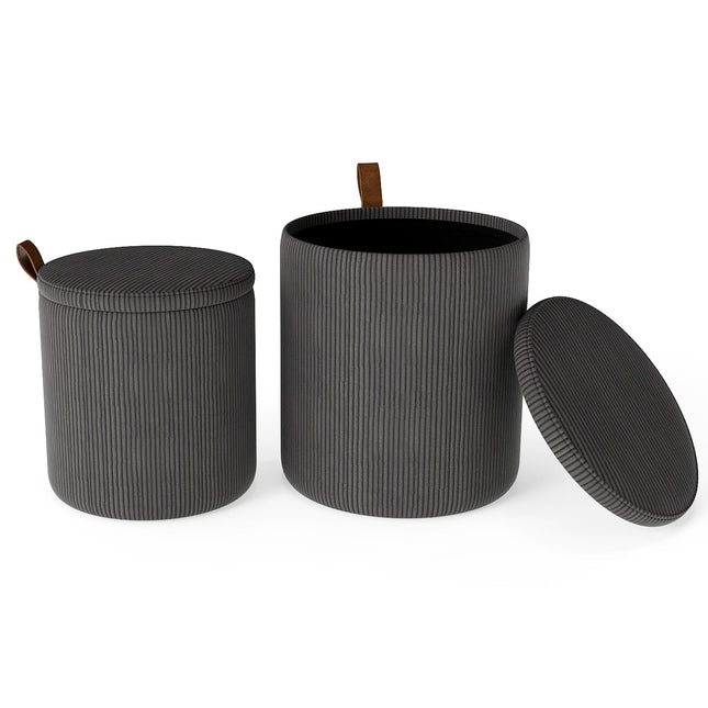 Set otoman rotund cu spațiu de depozitare, cuibărit, catifea reiată, gri