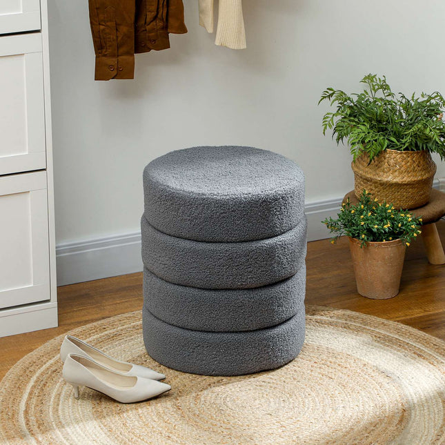 Otoman rotund, teddy fleece, gri închis, capacitate 120 kg