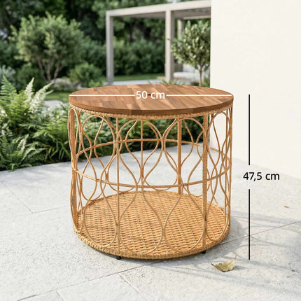 Masă laterală rotundă pentru exterior, blat din lemn de salcâm, aspect de ratan