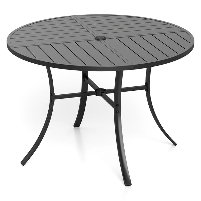 Masă rotundă pentru terasă, lamele metalice de 107 cm, orificiu pentru umbrelă, neagră