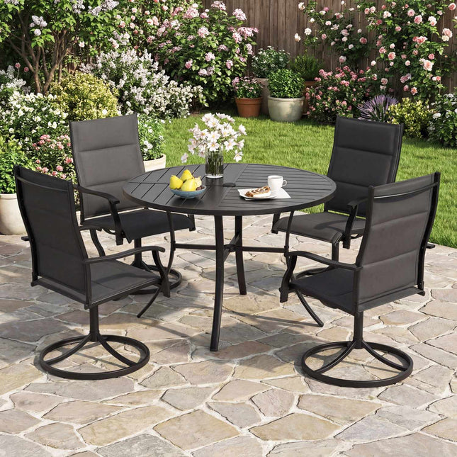 Masă rotundă pentru terasă, lamele metalice de 107 cm, orificiu pentru umbrelă, neagră