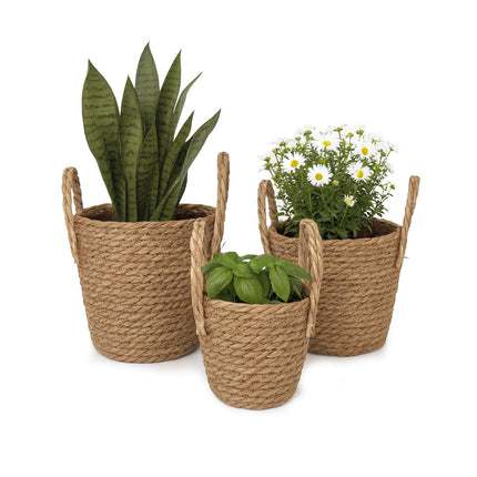 Set de 3 ghivece rotunde pentru plante - Design din stuf căptușit cu folie