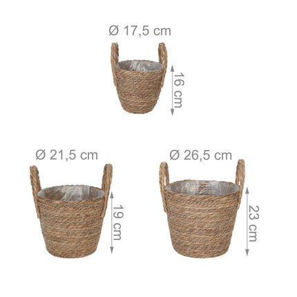 Set de 3 ghivece rotunde pentru plante - Design din stuf căptușit cu folie