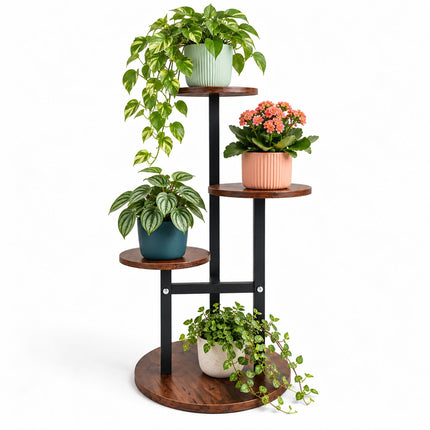 Round Plant Stand with 4 Tiers, Iron and MDF – 53 cm, Dark Brown, Black