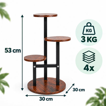Round Plant Stand with 4 Tiers, Iron and MDF – 53 cm, Dark Brown, Black