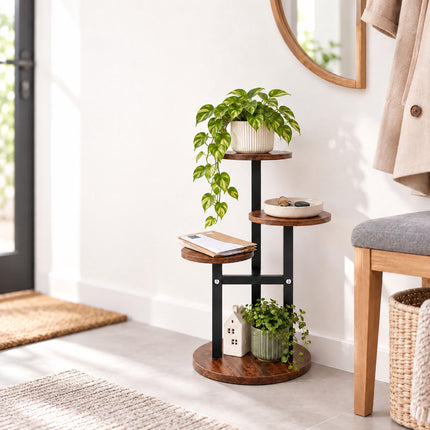 Round Plant Stand with 4 Tiers, Iron and MDF – 53 cm, Dark Brown, Black